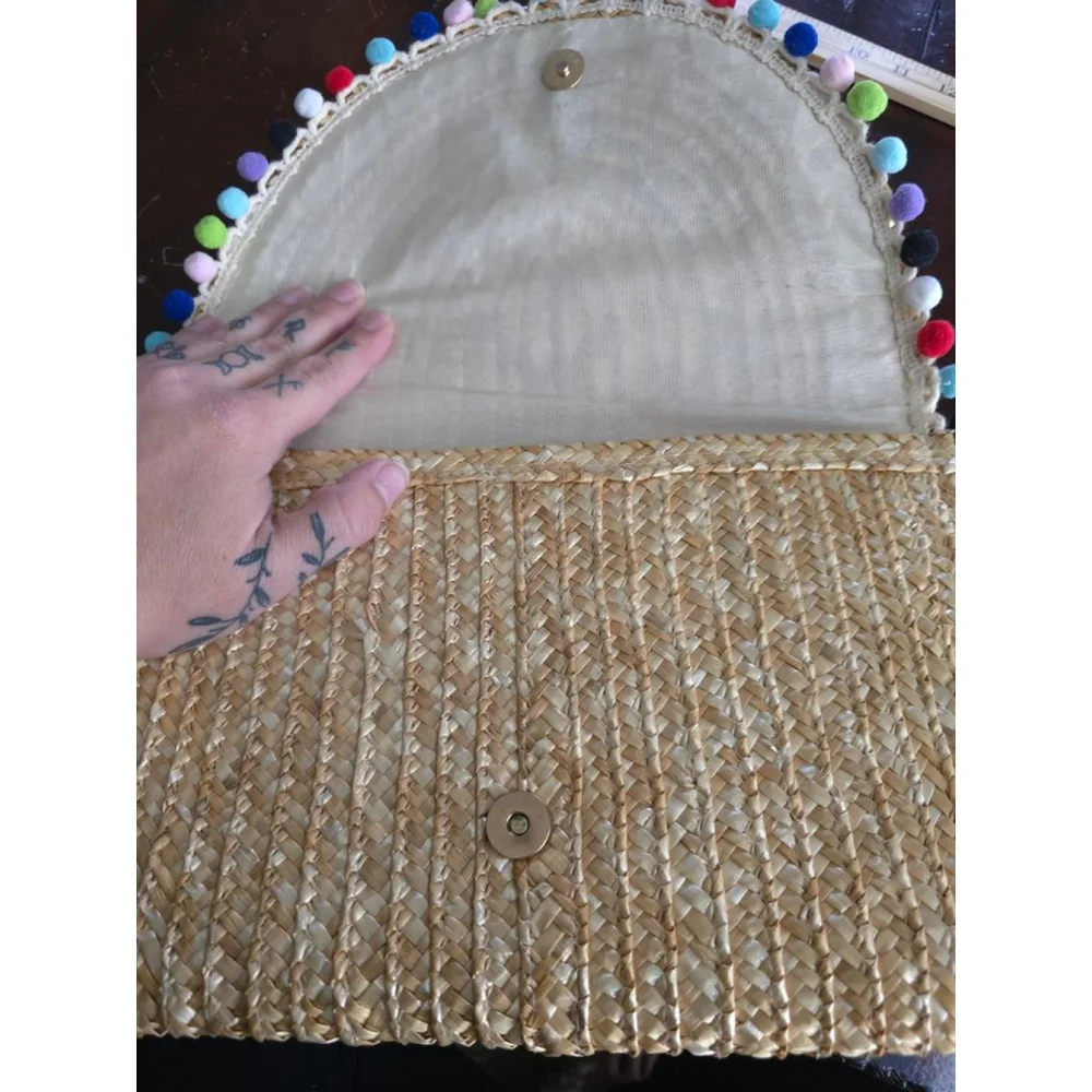 Women's Vintage Beige Summer Straw Clutch with Multi-color Pom Poms, One Size